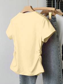 INAWLY Fashionable Ruched Waist Fitted Versatile Summer Women Short Sleeve T-Shirt - Light Yellow - View 2