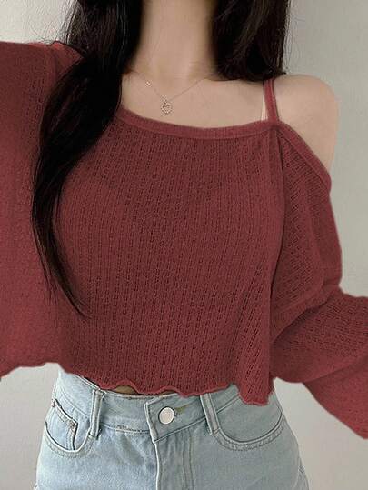 DAZY 女士休闲不对称领纯色长袖 T 恤，秋季服装短款女式上衣