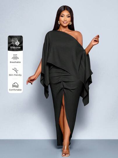SOLERSUN Plus Size Women's Fashionable Linen Solid Color One Shoulder Cape Sleeve Asymmetrical Hem Gathered Slit Dress, Suitable For Daily Casual Wear, Commuting Vacation, Etc.