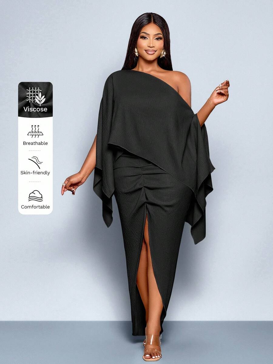 SOLERSUN Plus Size Women's Black Elegant Autumn Night Out Club One Shoulder Cape Sleeve Asymmetrical Hem Gathered Slit Linen Dress,Casual Commuting Vacation - Black - View 1