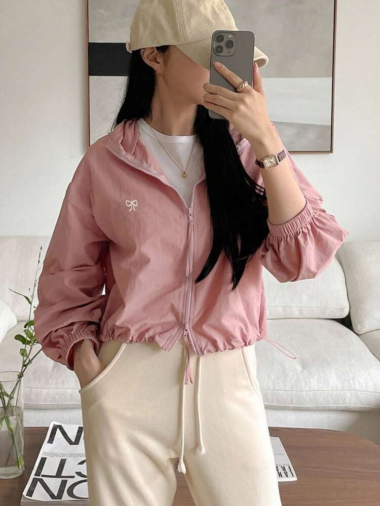 Women's Front Zipper Long Sleeve Hooded Jacket With Bowknot Embroidery, Casual Daily Wear,Fall Clothes