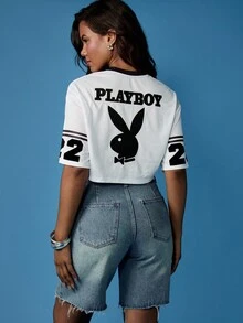 Missguided x Playboy 优质 V 领短款网眼针织运动兔女郎休闲运动上衣，带号码细节，活力夏春 - 白色 - 查看 2