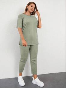 EURMUSE 大码夏季休闲纯色短袖T恤和裤子两件套 - 薄荷綠 - 查看 4