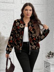 EMERY ROSE 休闲复古枫叶印花加大码女式夹克，适合秋冬季女士花卉夹克女士飞行员夹克秋季飞行员夹克花卉飞行员夹克女士秋季夹克 - 彩色 - 查看 7