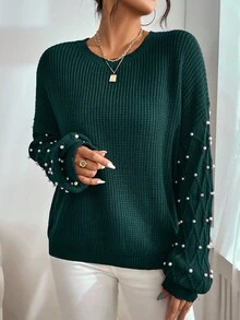 EURMUSE Solid Color Casual Crew Neck Long Sleeve Pullover Women Sweaters - Dark Green - View 4