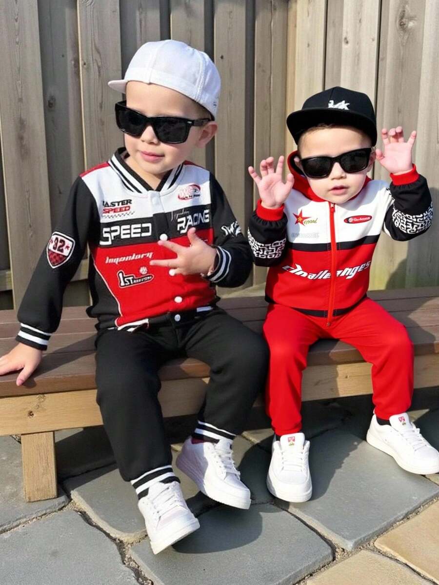 2pcs/Set Young Boy & Girl Casual Sports Style Raglan Loose Baseball Collar Knit Race Car Driver Jacket And Ribbed Cuff Pants Two Pieces Outfit, Suitable For Autumn/Winter Wear