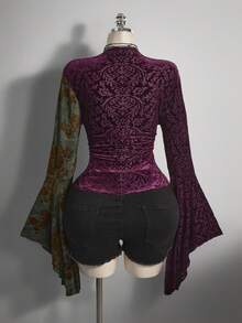 SHEIN ICON 大码女式夸张荷叶边袖 V 领天鹅绒上衣、Y2K 复古交叉 V 领衬衫、万圣节服装 - 彩色 - 查看 2