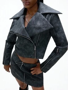 Aveloria Affinna Y2K Women 2 Pieces Set: Distressed Vintage PU Leather Cropped Jacket With Zipper Design & Low-Waist Mini Skirt, & Versatile