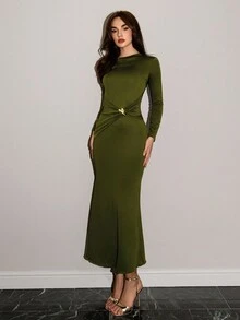 NOVVYNE 女士金属纽扣针织修身优雅派对长袖连衣裙，绿色，时尚外出约会之选 - 綠色 - 查看 2