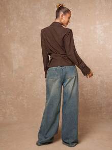 Lumalex 秋冬派对晚宴宴会低调奢华复古闪耀假日派对狂欢节郊游度假户外丰富层次婚礼季宴会成人礼压花腰果花图案腰带宽松女士风衣奢华舞会证件照宰牲节派对新年 - 巧克力棕 - 查看 3