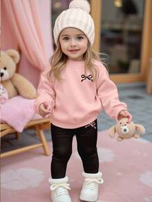 SHEIN Happikins 2pcs Baby Girl Casual Cute Minimalist Bow Decor Thick Soft Long Sleeve Crew Neck Sweatshirt And Pants Set, Suitable For Autumn & Winter Fall Clothes