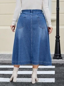 EMERY ROSE Rok Mini Denim Korduroi Cuci Vintage untuk Wanita Ukuran Plus, Musim Gugur/Dingin - Dark Wash - View 3