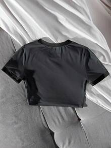 SHEIN LUNE 女士短袖休闲海军风字母印花T恤，百搭假日氛围 - 灰色 - 查看 2