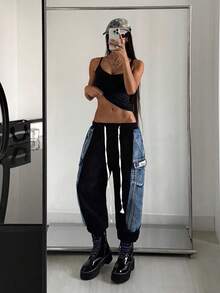 Jeanoix 女士休闲宽松阔腿系带腰拼接牛仔裤 - 彩色 - 查看 3