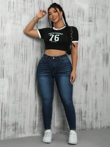 SHEIN EZwear 大码女式高腰口袋保暖内衬紧身休闲百搭牛仔裤/冬季 - 深色水洗藍 - 查看 5