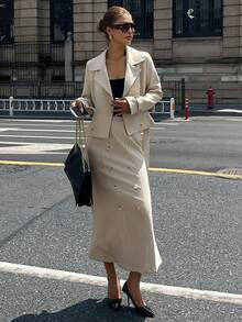 DAZY Women's Autumn Lapel NeckLong Sleeve Double-Breasted Jacket And Fish Tail Midi Skirt Elegant 2 Pieces Set - Khaki - View 2