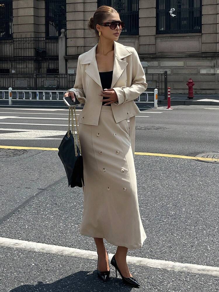 DAZY Bộ 2 món thanh lịch cổ ve mùa thu cho nữ, áo khoác dài tay cài hai hàng khuy và chân váy midi đuôi cá - Màu Khaki - Xem 2