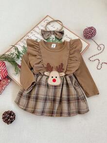 SHEIN 1件女婴格子驯鹿圣诞连体衣，圆领荷叶袖长袖动物鹿刺绣连体衣，配发带，韩版休闲抓绒保暖，适合日常外出或圣诞新年穿着，秋冬新款 - 卡其色 - 查看 7