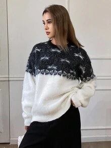 Livesso Áo len nữ dáng rộng, thanh lịch, thích hợp mặc đi làm, họa tiết ngôi sao lấp lánh, phối màu, phù hợp cho mùa thu đông và lễ hội. - Đen và trắng - Xem 4