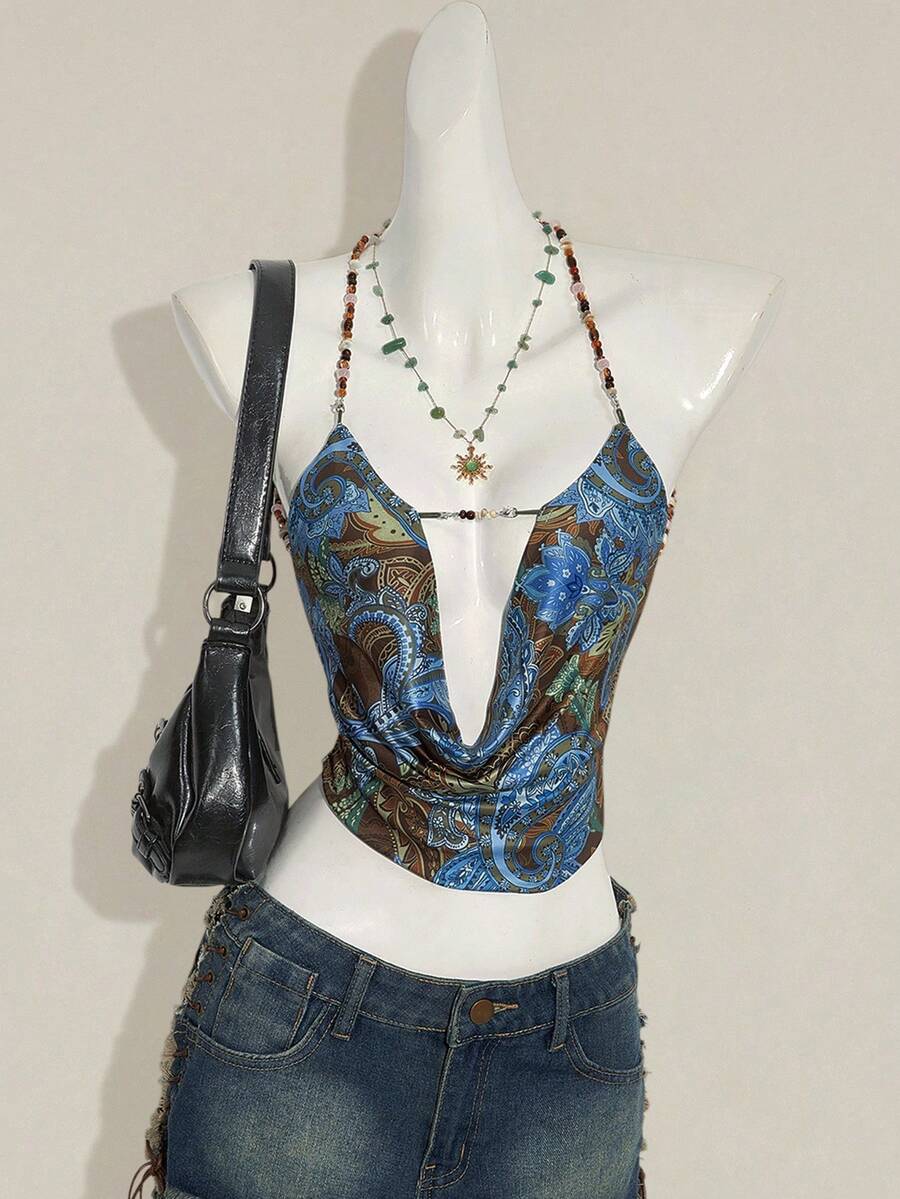 SHEIN ICON Women's Bohemian Style Floral Print Beaded Halter Backless Sexy Camisole