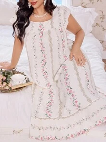 CottageSlumber 花卉印花拼布荷叶边方领加大码女式睡袍 - 彩色 - 查看 4