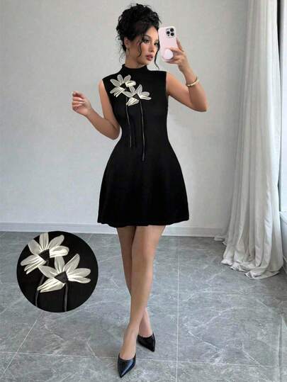 Elenzga Vestido mini sin mangas con decoración floral 3D elegante para mujer