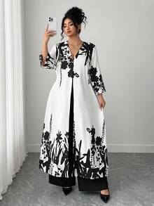 Elenzga 大码女式休闲印花两件套 - 黑色 - 查看 1