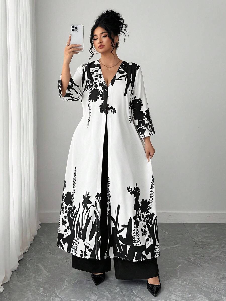 Elenzga 大码女式休闲印花两件套 - 黑色 - 查看 1