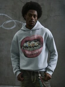 Manfinity ZONE917 Men Inlaid Rhinestone Teeth Mouth Print Grey Relaxed-Fit Thermal Lined Hoodie, For Fall Winter, Long Sleeve Top - Light Grey - View 10