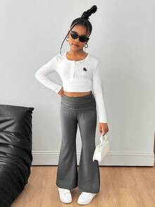 SHEIN Tween Girls' Basic Casual Knit High Waist Ruched Slim Flare Pants, Back To School - Grey - View 5