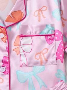 2 件套年轻女孩粉色府绸蝴蝶结印花上衣和裤子套装，休闲家居服儿童夏装套装儿童服装套装女童夏装套装小女孩服装套装儿童服装套装假日旅行休闲夏装