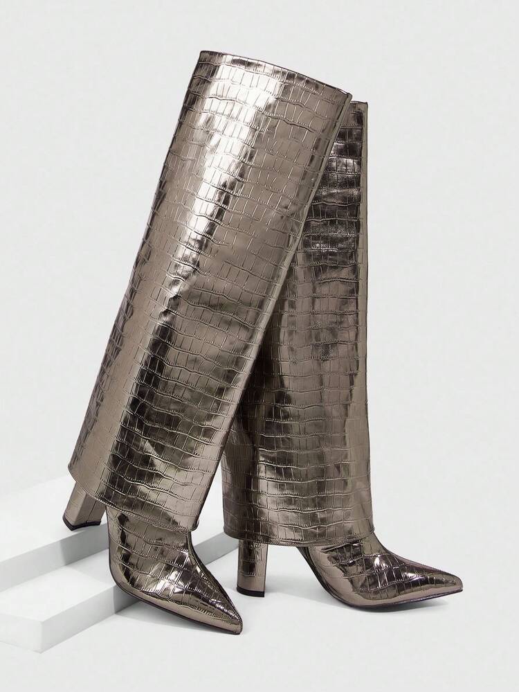 CUCCOO SZL 여성용 포인트 토 청키 하이힐 부츠, 실버 크로커다일 엠보싱 PU 가죽, 듀얼 패브릭 디자인, 데일리, 파티, 연회에 적합한 패셔너블한 미니멀리스트 편안함, 사이드 지퍼 슬립온