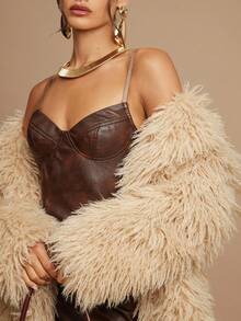 Silquee High-End Series New Autumn And Winter Fashion Fluffy Brown Fur Long Curly Mid-Length Coat, Elegant Women's Furry Parka, Women's Fashion Street Style Slanted Pocket Collar Metal Button Front Faux Fur Jacket, Winter Fur Coat With Lining