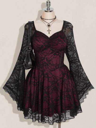 Nezia Cruz Plus Size Square Neck Ruched Lace Flare Sleeve Contrast Color Goth Dress, Y2K Party Dress, Halloween Costume, Witch Vampire Dress