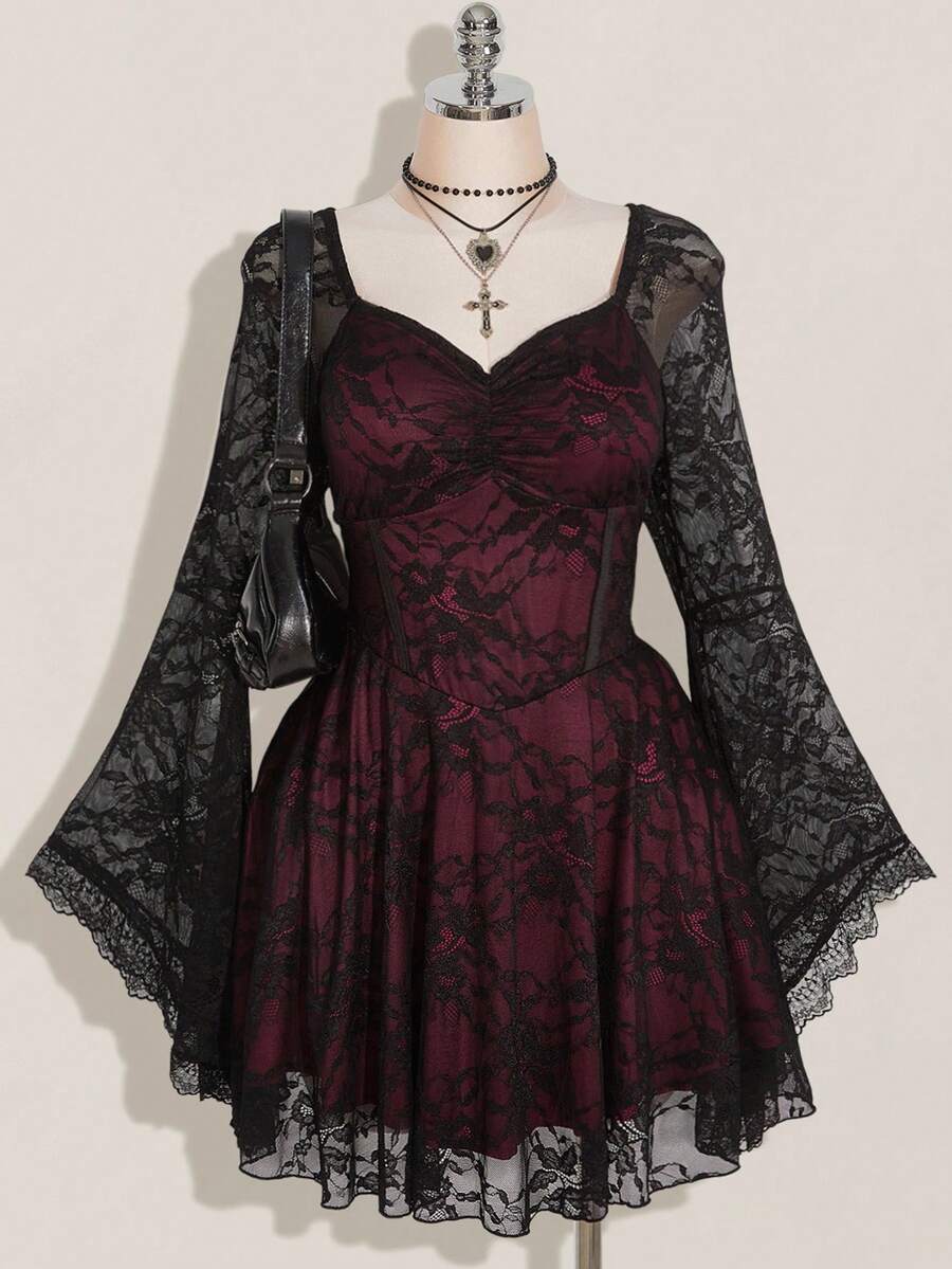 Nezia Cruz Plus Size Square Neck Ruched Lace Flare Sleeve Contrast Color Goth Dress, Y2K Party Dress, Halloween Costume, Witch Vampire Dress - Multicolor - View 1