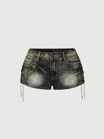 J-Fashion Pantaloncini di jeans da donna con vita bassa, stile vintage Y2K, effetto consumato, vita super bassa