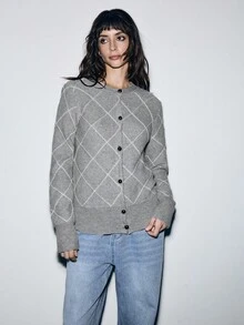 Chiquease Women's Casual Fashion Young Minimalist Versatile Crew Neck Colorblock Diamond Pattern Fitted Cardigan Sweater, Autumn/Winter - Grey - View 3