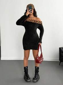 Teen Girl Black Autumn Fluffy Leopard Print Off-Shoulder Snug Fit Dress,Soft Warm Techno Party Rave Dress,Stylish Fitted Winter Silhouette Outfit - Black - View 3