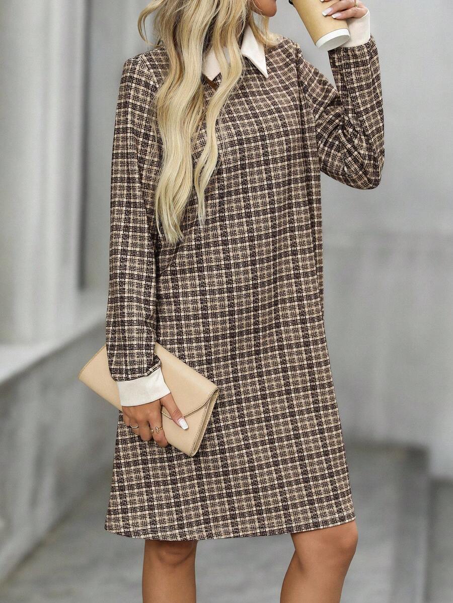 EMERY ROSE Women's Casual Plaid Mini Dress For Commuting, Autumn