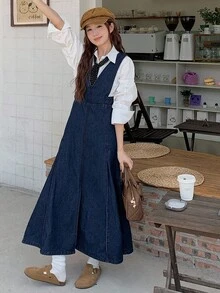 DAZY Women's V-Neck Long Suspender Dress, Casual & Elegant Denim Dress