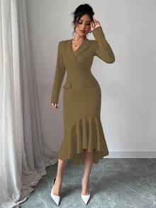 Elenzga New Women's Holiday Mid-Length Dress, Blazer Collar Long Sleeve Asymmetric Fishtail Hem Waist-Cinched Dress, Versatile For Daily Wear, Dates, Parties, Outings Fall Cloth For Women - Khaki - View 6