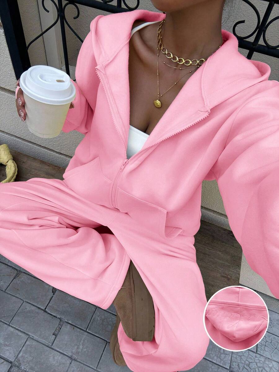 Muchica Women's Casual Loose Fit Pink Hoodie Set, Autumn - Pink - View 1