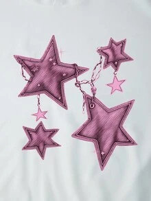 SHEIN 2 件套青少年女孩超大连帽长袖星星印花运动衫 + 舒适松紧腰宽松阔腿印花裤，街头服饰 - 粉色 - 查看 3