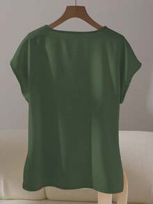 Franclia Elegant Short Sleeve Round Neck Ruffle Tie Bow Combination Khaki Women Blouse, Spring/Summer - Army Green - View 2