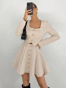 Siren Gaze Women's Elegant Commuter Solid Color Cropped Jacket & Mini Skirt 2 Pieces Set Button Dress Linen Two Piece Set Dress With Cardigan Set Beige Two Piece Set Tweed Two Piece Set Winter