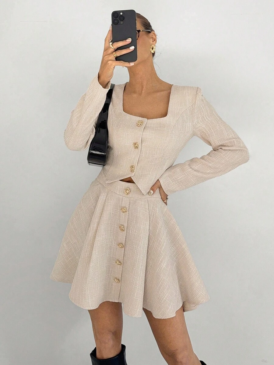 Siren Gaze Women's Elegant Commuter Solid Color Cropped Jacket & Mini Skirt 2 Pieces Set Button Dress Linen Two Piece Set Dress With Cardigan Set Beige Two Piece Set Tweed Two Piece Set Winter
