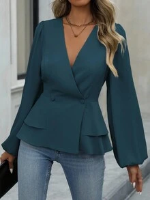 EMERY ROSE Blusa de manga larga con cuello en V de unicolor minimalista para mujer - Agua verde azul - Ver 4