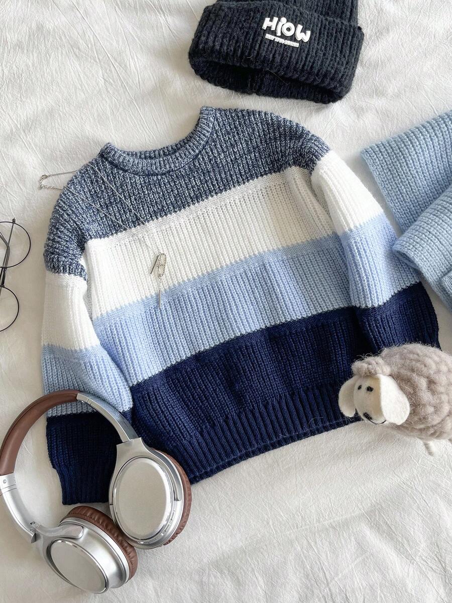 SHEIN Vintaside Kids 冬季服装、冬季套装、儿童冬季服装、秋季服装、万圣节、万圣节服装、圣诞节服装、男童撞色宽条纹拼接粗针织毛衣，百搭实用，适合秋冬季上学或休闲穿着。 - 彩色 - 查看 1