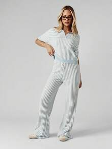 MISSGUIDED 女士条纹 Polo 衫针织短袖夏季休闲领口罗纹上衣 - 藍白色 - 查看 3