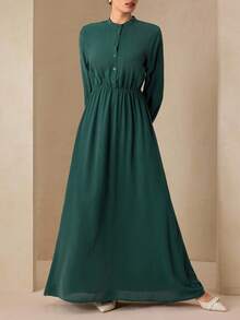 Graceveil Robe de soirée longue élégante et décontractée avec col montant, manches longues, boutons et taille élastique, coupe évasée, style automnal vert